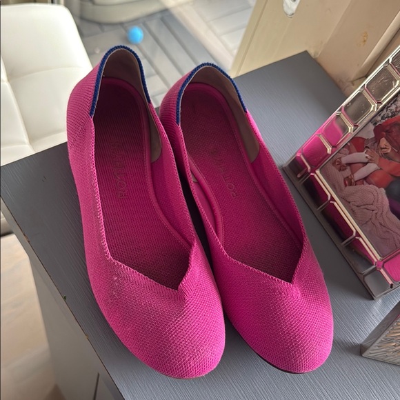 Rothy's Vibrant Pink Flats with Blue Trim
